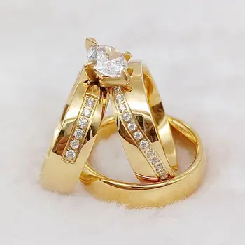De înaltă Calitate 3pcs Mireasa Promit Inele de Nunta Set Pentru Cupluri Iubitorii Dubai Aur 24k Placate cu Bijuterii inel de Logodna cu diamant cz