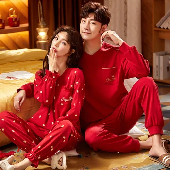 Cuplu Set de Pijama V-Neck Culoare Roșu de Toamnă Mâneci Lungi Acasă Costum Print Iubitorii de Pijamale Confortabile, din Două piese, Pijamale Femei
