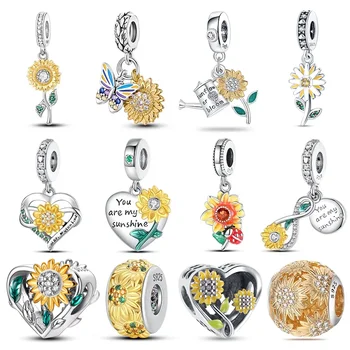 Argint 925 Aur Farmec Floarea-soarelui, Crizantema Soare Margele se Potrivesc Pandora Original Farmece Brățară Bijuterii DIY Face Cadou