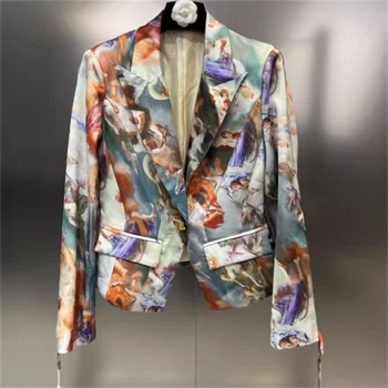 Rever împletitură de imprimare blazer curea manșetă cu mâneci lungi, buzunar butonul de talie costum haina