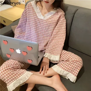 Pijama Seturi pentru Femei Pijamale Dulce Carouri V-neck Simplu Maneca Lunga Lungime Completă Toamna Pijamale de sex Feminin Acasă Minunat Bomboane Culori Pijamale