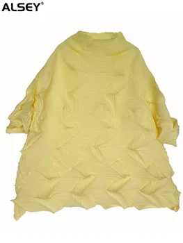 ALSEY Miyake Diamant Plisata Femei cu maneci lungi de sus în 2024 Vara Noi Guler Topuri Largi Elegant T-shirt Îmbrăcăminte de sex Feminin