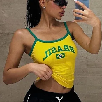 2023 Vara Noi Brasil Scrisoare De Imprimare De Moda Femei Culturilor Sus Sexy Harajuku Casual De Vacanta Y2k Dulce Fata Fierbinte Fără Mâneci Bretele
