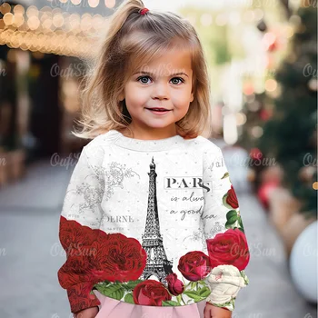 Copii tricou Maneca Lunga Fete de Moda de Top O-Gât T Cămașă de zi cu Zi Boem Liber Casual Paris Turnul de Imprimare Fata Îmbrăcăminte