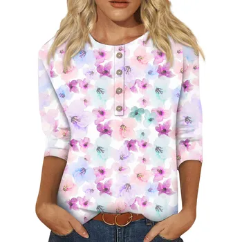 Doamnelor imprimeu Floral Maneca Trei Sferturi Buton de Guler de Top T-Shirt Jos Tricoul Plus dimensiunea îmbrăcăminte pentru femei 여성명품 의류 лонгслив
