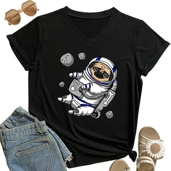 Pug Spațiu, Astronaut Grafic T Shirt Kawaii Catelus de Imprimare de Tricouri pentru Femei Câini Iubitori V-neck Teuri Vara Y2k Topuri Amuzant Camiseta