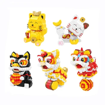 Leu Dans Cat Noroc Micro Blocuri Maneki Neko Avere Model 3D Mini Caramida Figura Jucării Pentru Copii Cadouri
