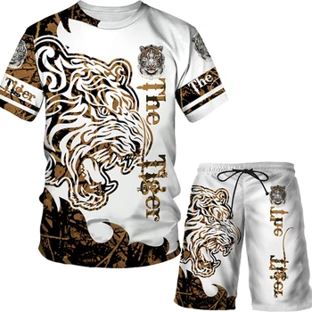 Casual de vara barbati sport costum tigru model cu mâneci scurte, pantaloni scurți set hip-hop O-gât supradimensionat tricou punk de moda de strada în partea de sus