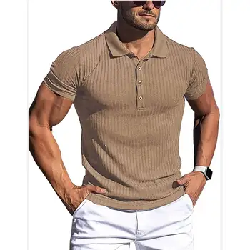 Matase de gheață Knit Stripe POLO Shirt Mare Întindere Tricou Barbati Slim Elasticitatea Maieu Rever Scurt-Maneca Topuri Tee Haine de Afaceri