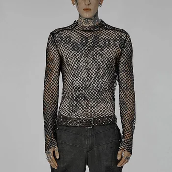 Moda Personalizate Mens Îmbrăcăminte Scobite Cu Mâneci Lungi Plasă Tricou Ochiurilor De Plasă Respirabil Jos Camasa Trendy Mens Pulover De Sus