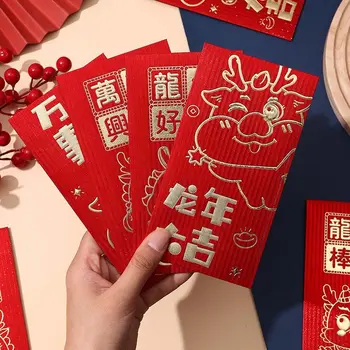 6Pcs/set Chineză Decoratiuni de Anul Nou Chinezesc Dragon Roșu Plic de Bani Ambalare Buzunar Binecuvântare Cuvinte Festivalul de Primăvară Consumabile
