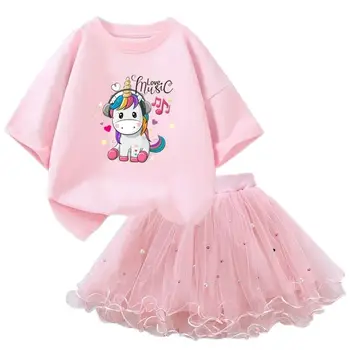Rochii Pentru Fete De Moda De Vara Purta Costum Copii T-Shirt Suit Unicorn Petrecere Copii Costume Pentru Copii Tul Fusta Tutu Îmbrăcăminte