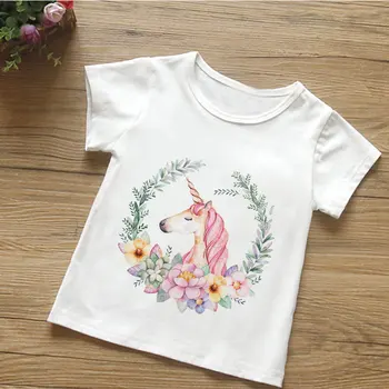 2019 Noi de Vara Copii T Shirt Desene animate cu Unicorn Și Model de Floare de Imprimare T-shirt Boys Kawaii Amuzante Fete Topuri de Agrement Haine Albe