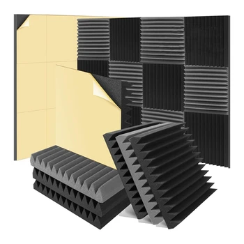 12 Pack Auto-Adeziv Izolare Fonica Bumbac Pentru Interior Studio De Înregistrare Pentru Home Studio Birou,Black&Grey