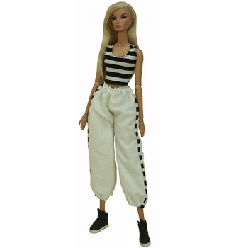 NK 1 Buc Hip Hop Outift Pentru Barbie Papusa Accesorii de Moda Stripe Camasa Casual Trouseres Pentru 1/6 BJD SD FR Papusa