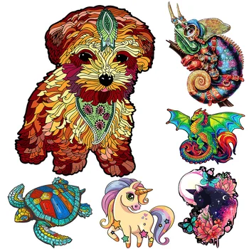 Rafinat din Lemn Puzzle de Animale Pentru Copii Adulți Frumoasă Formă Neregulată Dragon Vulpe Lup Puzzle-uri din Lemn DIY Desen